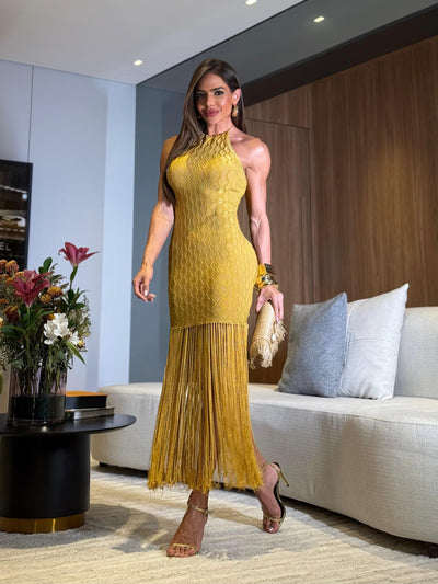 VESTIDO SANTORINI GOLD - VESTIDO COM SAIA DUPLA , FIOS DE SEDA