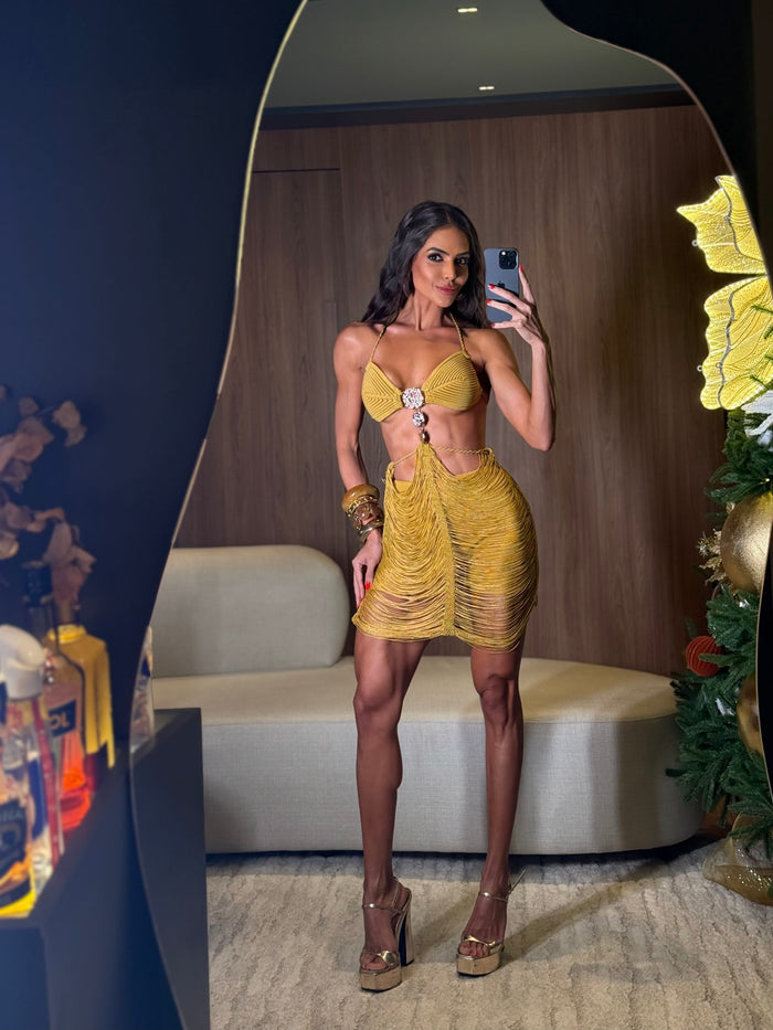 VESTIDO BAHAMAS GOLD-  VESTIDO COM FIOS DE SEDA E  HOT PANT