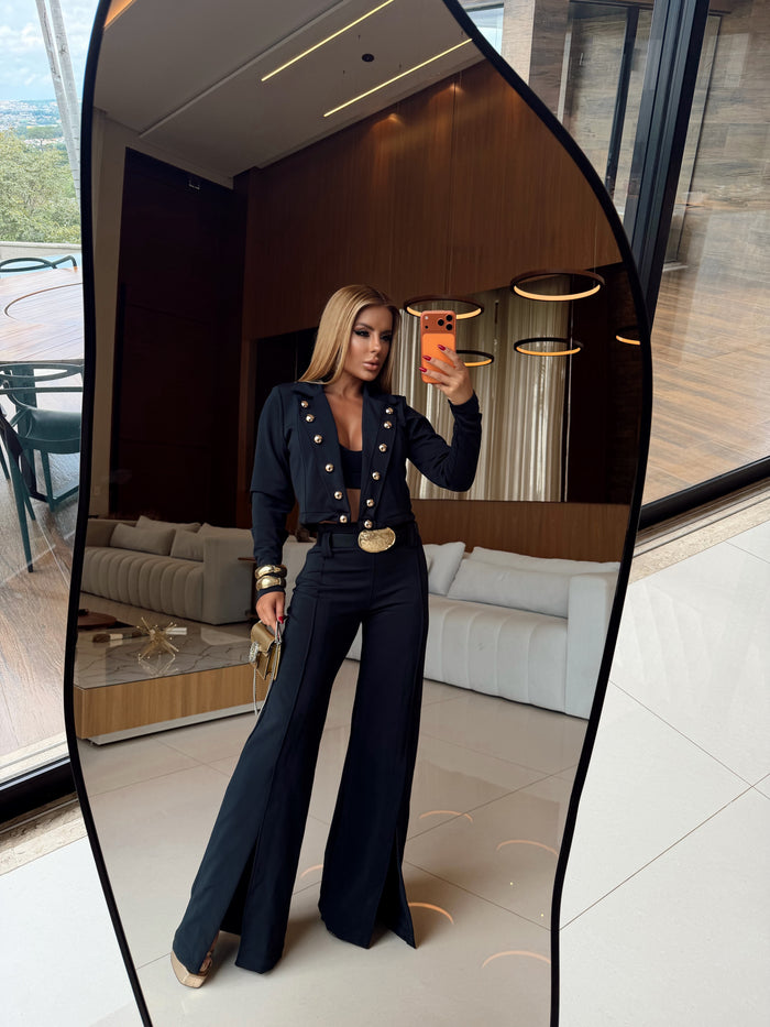 CONJUNTO DIVINUS - CASACO COM TOP E CALÇA PANTALONA FENDA