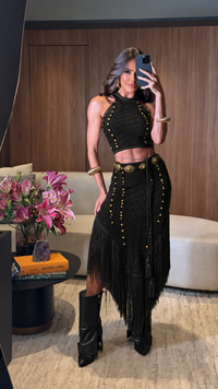 CONJUNTO MARIBEL BLACK - CONJUNTO DE 3 PEÇAS COM HOT PANT, FIOS DE SEDA