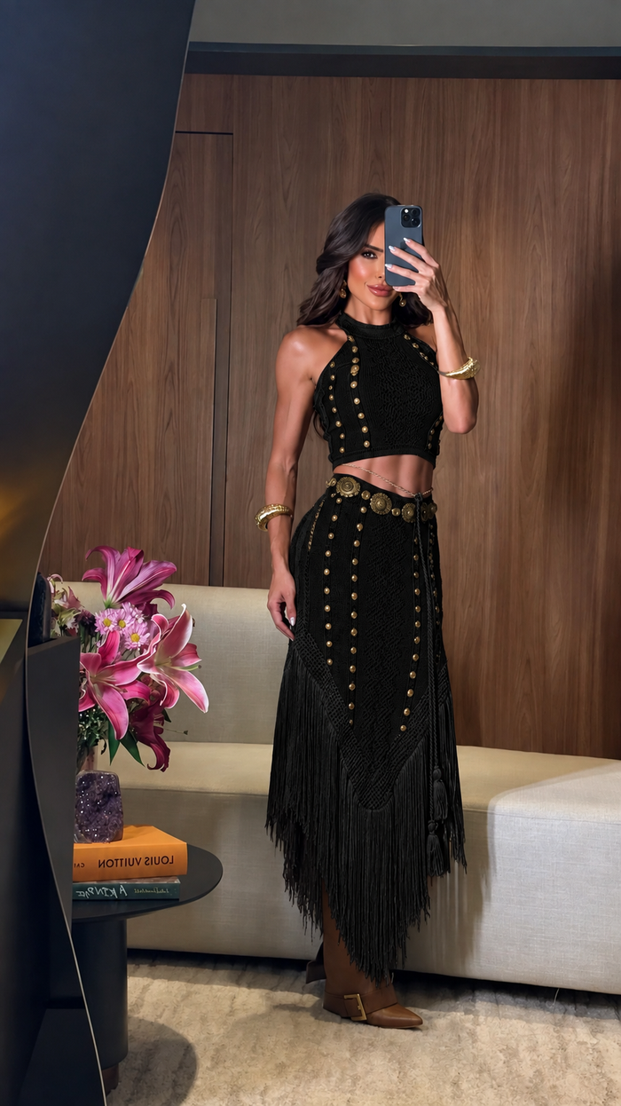 CONJUNTO MARIBEL BLACK - CONJUNTO DE 3 PEÇAS COM HOT PANT, FIOS DE SEDA