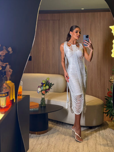 VESTIDO DUPLO RAVENA BRANCO - COM FIOS DE SEDA