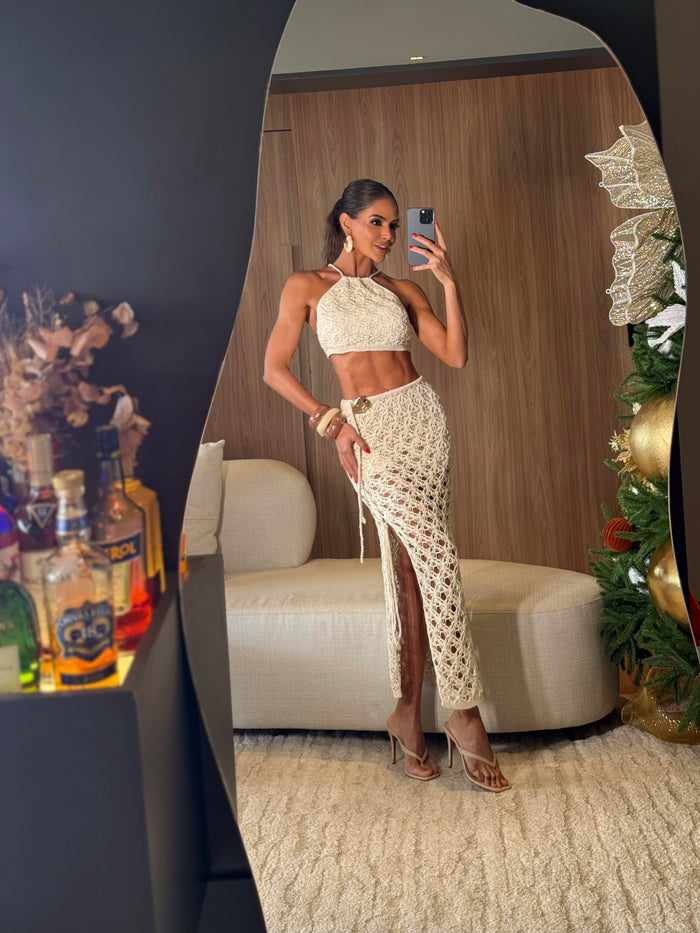 CONJUNTO MIAMI NATURAL- TOP, SAIA E HOT PANT , FIOS DE SEDA