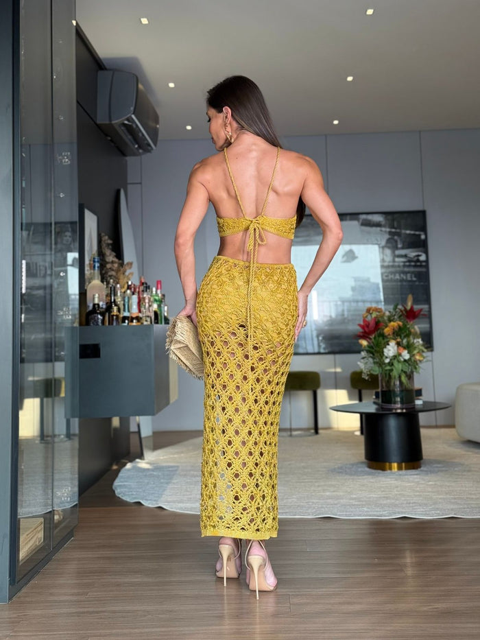 CONJUNTO MIAMI GOLD - TOP, SAIA E HOT PANT , FIOS DE SEDA