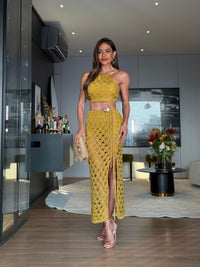CONJUNTO MIAMI GOLD - TOP, SAIA E HOT PANT , FIOS DE SEDA