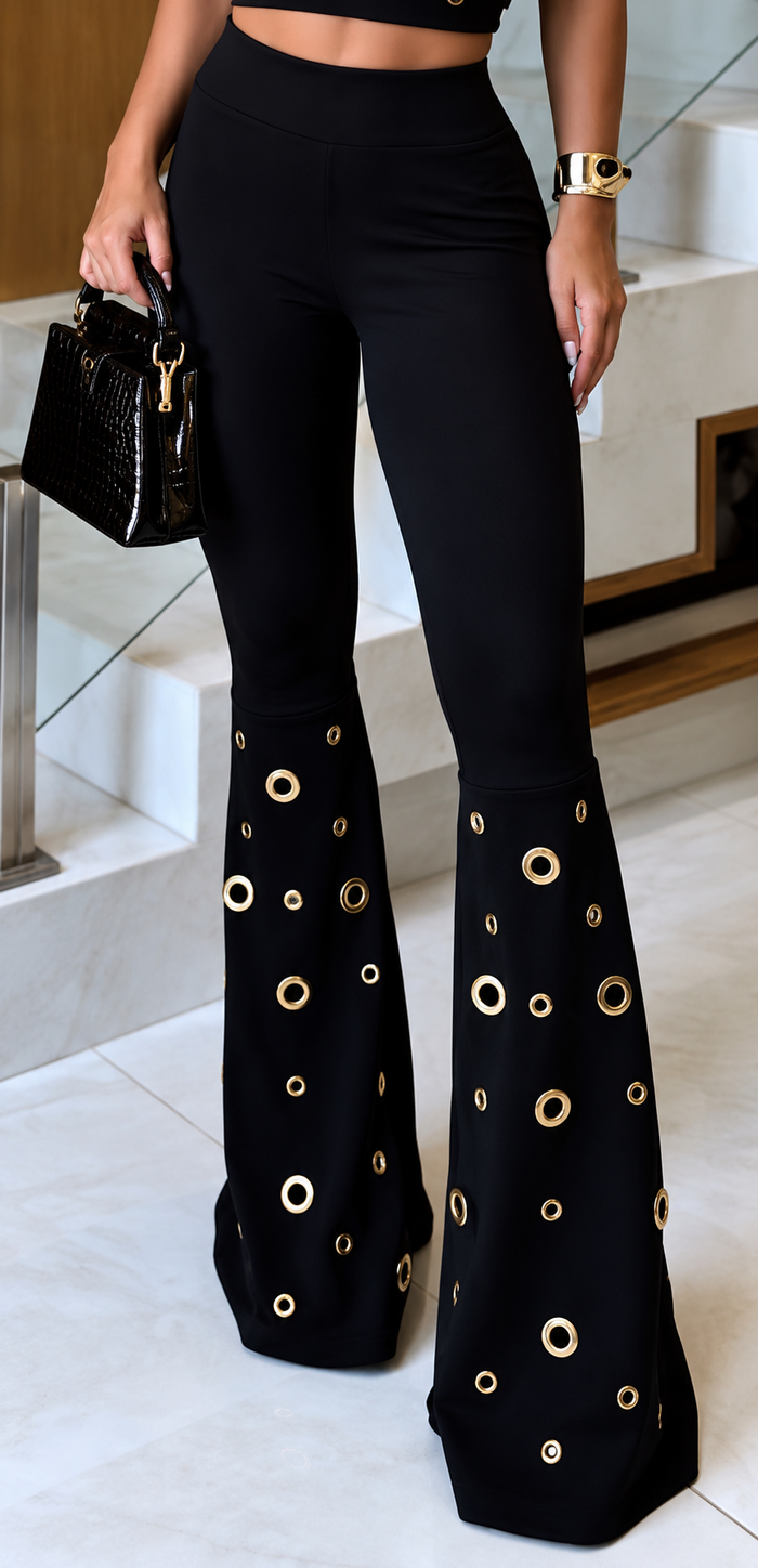 CALÇA FLARE PAOLA  EM MONTARIA COM BARRA EM ILHÓS