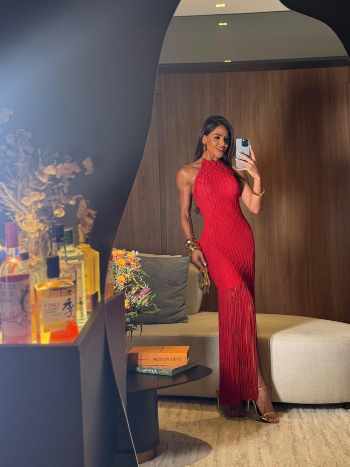 VESTIDO SANTORINI RED - VESTIDO COM FIOS DE SEDA