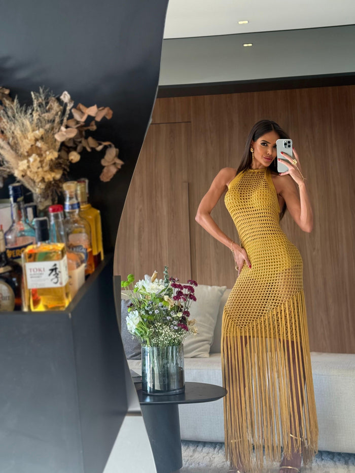 VESTIDO ALMA GOLD - VESTIDO COM TOP E HOT PANT , FIOS DE SEDA