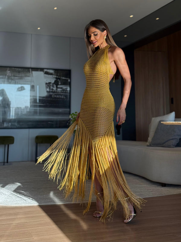 VESTIDO ALMA GOLD - VESTIDO COM TOP E HOT PANT , FIOS DE SEDA