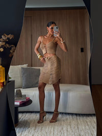 CONJUNTO MIRAGE MARROM - CROPPED E SAIA  , FIOS DE SEDA