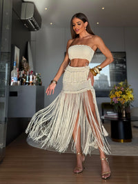 CONJUNTO IBIZA OFF - TOP, SAIA E HOT PANT , FIOS DE SEDA