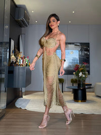 VESTIDO MALDIVAS TOFFEE - COM HOT PANT , FIOS DE SEDA