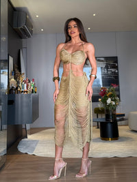 VESTIDO MALDIVAS TOFFEE - COM HOT PANT , FIOS DE SEDA