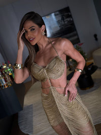 VESTIDO MALDIVAS TOFFEE - COM HOT PANT , FIOS DE SEDA