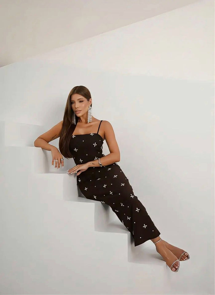 VESTIDO HELENA COFFEE CRISTAIS