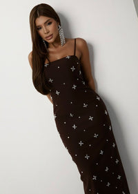 VESTIDO HELENA COFFEE CRISTAIS