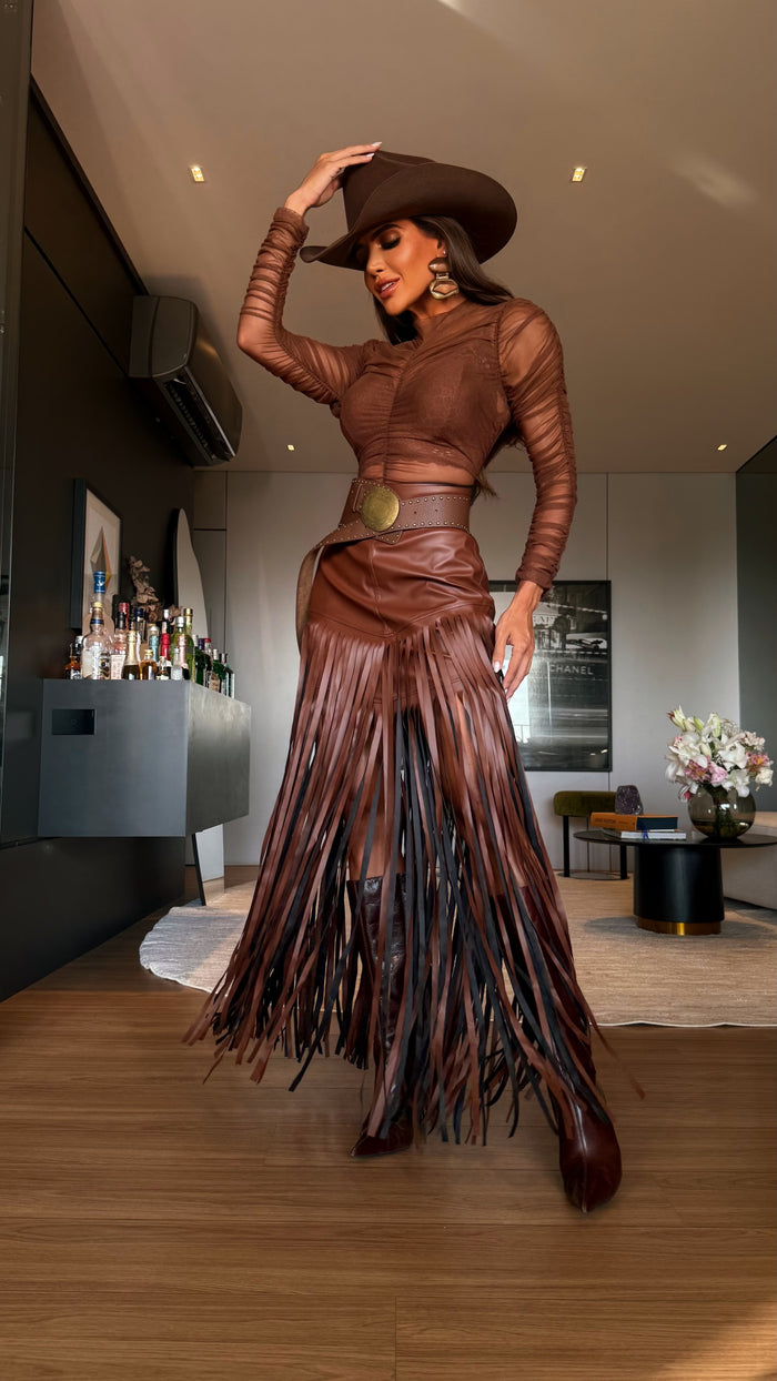 SAIA FRANJAS TEXAS MARROM - SOMENTE A SAIA