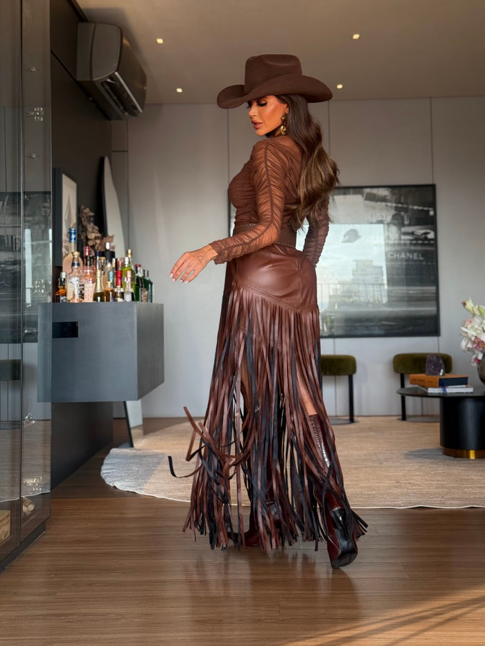 SAIA FRANJAS TEXAS MARROM - SOMENTE A SAIA