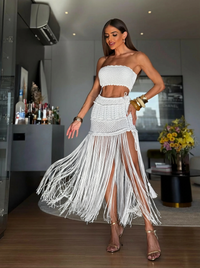 CONJUNTO IBIZA BRANCO - TOP, SAIA E HOT PANT , FIOS DE SEDA