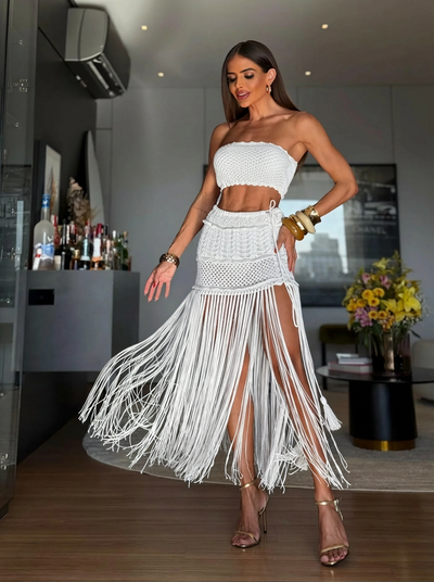 CONJUNTO IBIZA BRANCO - TOP, SAIA E HOT PANT , FIOS DE SEDA