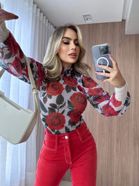 BODY EM TULE FLORAL VERMELHO