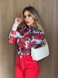 BODY EM TULE FLORAL VERMELHO