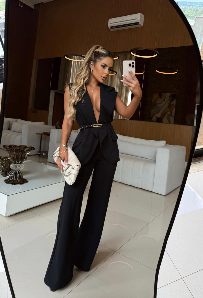 CONJUNTO DAFNE BLACK - COLETE COM CINTO E CALÇA