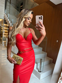 CONJUNTO GIULIA RED- CROPPED COM SAIA MIDI